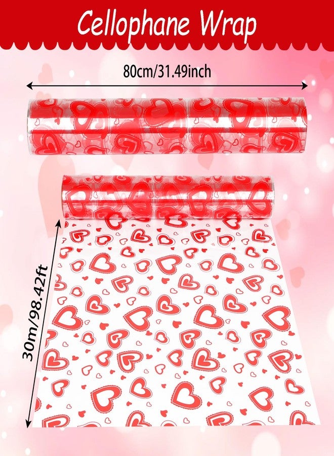 JOFONY Valentine's Day Cellophane Wrap,98’ Ft. Long X 31” in. Wide Crystal Clear with Red Hearts Packaging Wrapping Paper For Birthdays Gift Holidays Rose Flower - Image 2